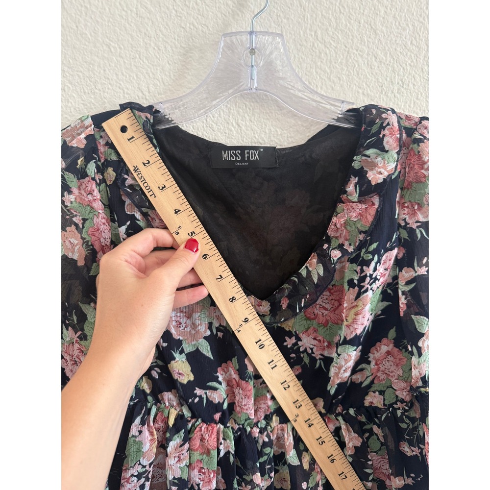 Miss Fox Delight Floral Babydoll Top Ruffle V-Neck Tiered Bell Sleeve Blouse - Picture 8 of 11